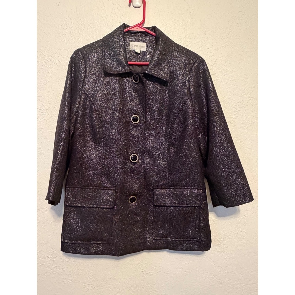 Erin London Metallic Paisley Brocade Jacket Charcoal Silver Button Front Medium